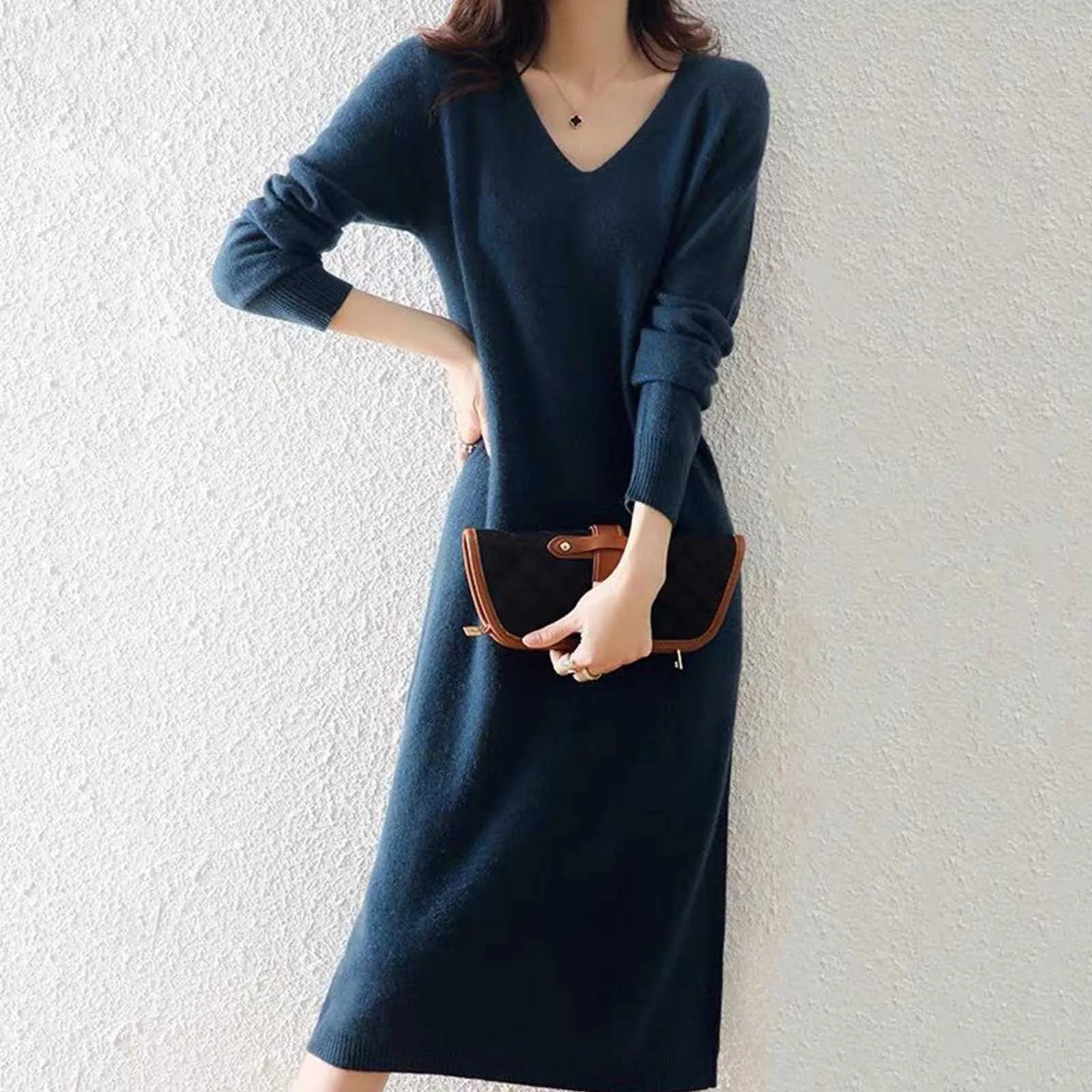 Long Sleeve V Neck Wool Knit Dress For Women  French Style Layering Long Dress For Fall And Winter  Cozy Warm Casual Maxi Dress