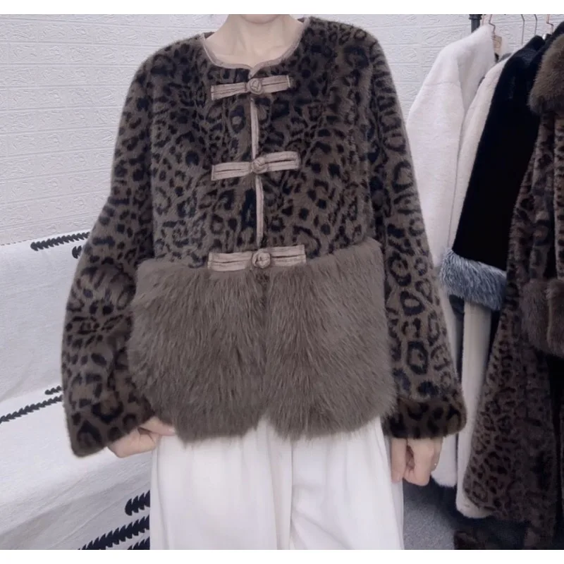 Women's Clothing Autumn Winter New Fashion Leopard Print Faux Fur Coat Short  Coats for Women Patchwork Jacket Single-breasted