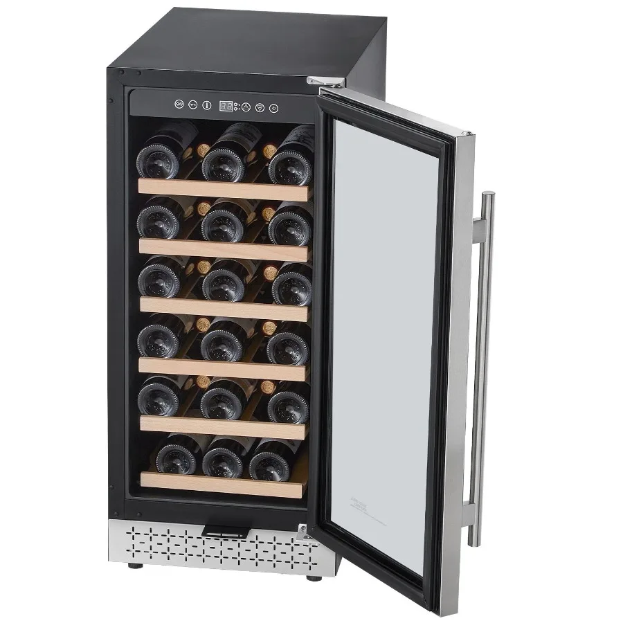 28 Bottle Wine Cooler Mini Glass Door Wine Fridge with Adjustable Shelves and Digital Temperature Control Built-in Freestanding