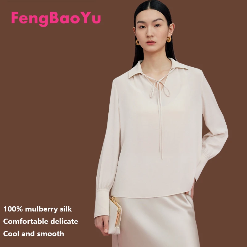 Fengbaoyu High-end Silk Women's T-shirt, French-style Long-sleeved V-neck Pullover, Elegant and Fashionable Trendy Top