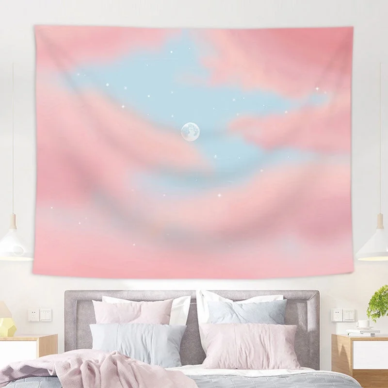 Pink Moon Tapestry Ins Hanging Cloth Background Canvas Oil Painting Dream  Room Decoration  Wall Covering