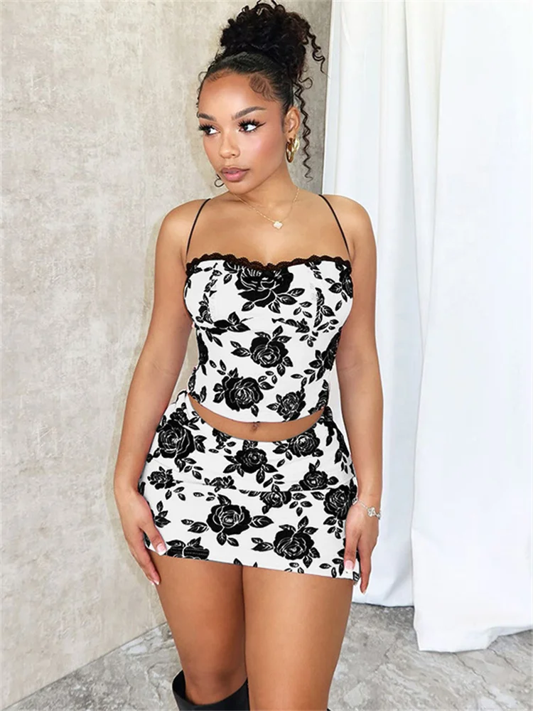 Simenual Fairycore Florals Printed Two Piece Sets Sexy Lace Stitch Straps Tank Top Bodycon Mini Skirt Slim Y2K Co-ord Suit Women