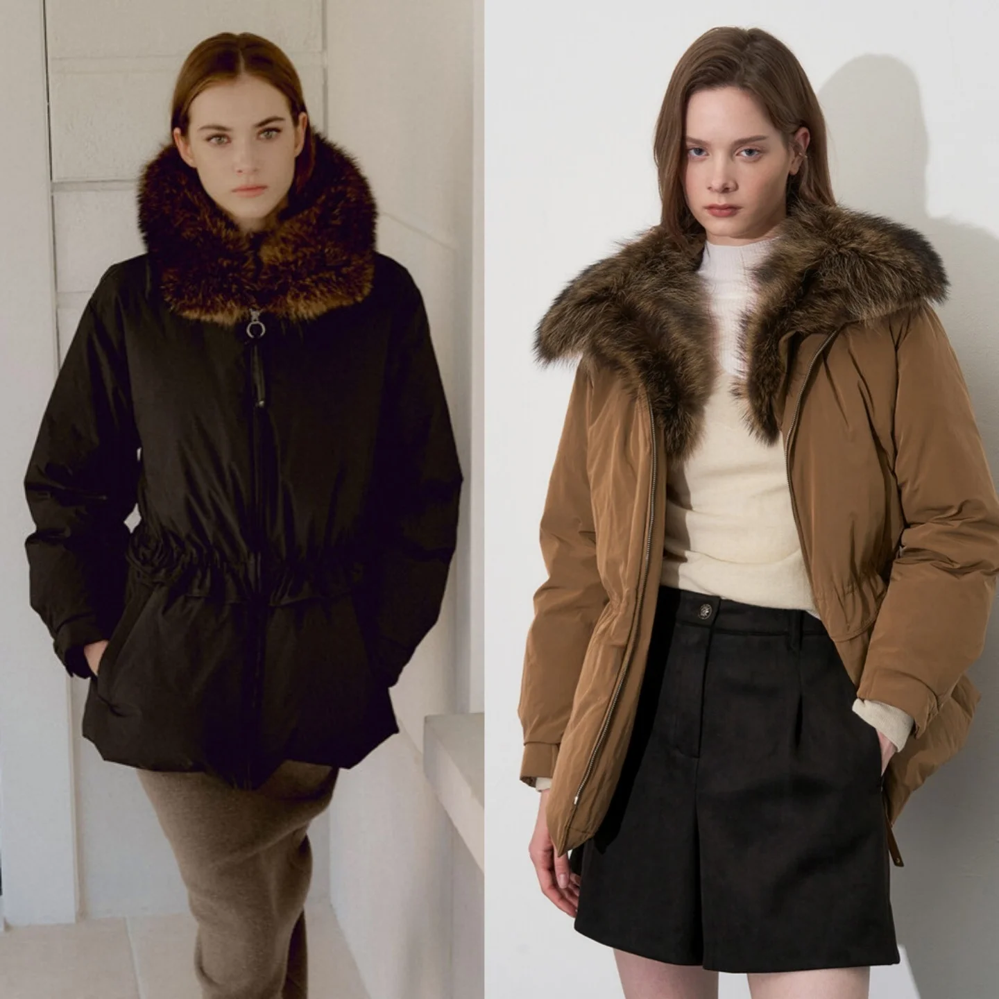 QPP 프리미엄 구스다운 재킷 신축성 있는 허리밴드 탈부착 가능한 퍼 칼라 캐주얼 루즈핏 롱 코트