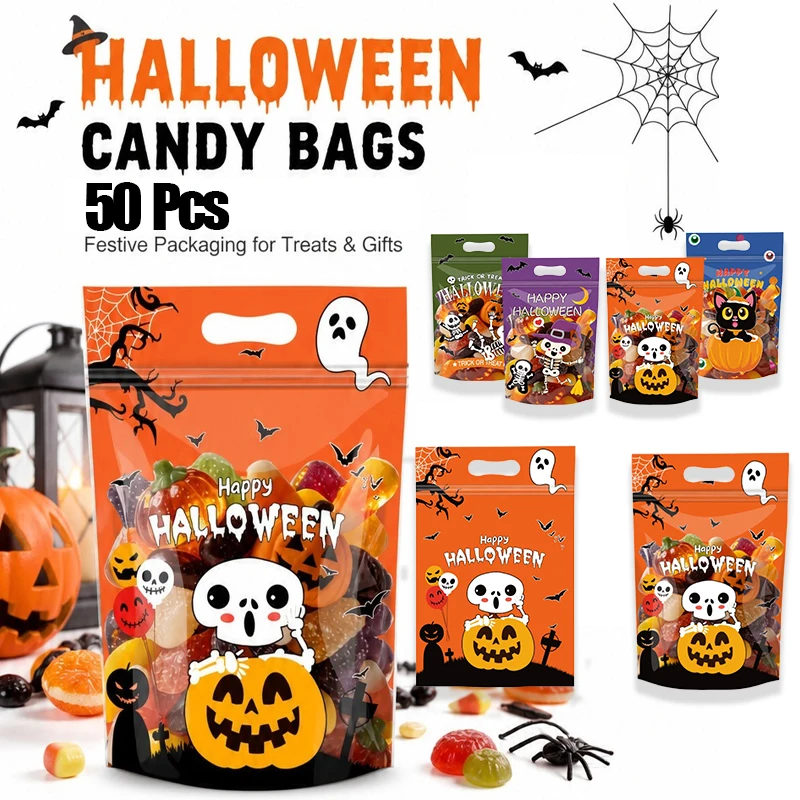 50Pcs Halloween Self Adhesive Candy Dessert Treat Bags Halloween Ziplock Treat Bags,Goodie Party Favor Supplies