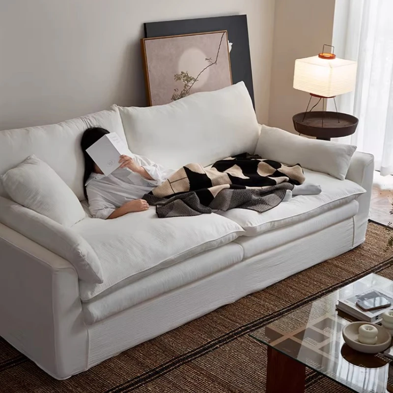 

Hug sofa linen fabric living room small apartment fully dismantled and washed French cream wind