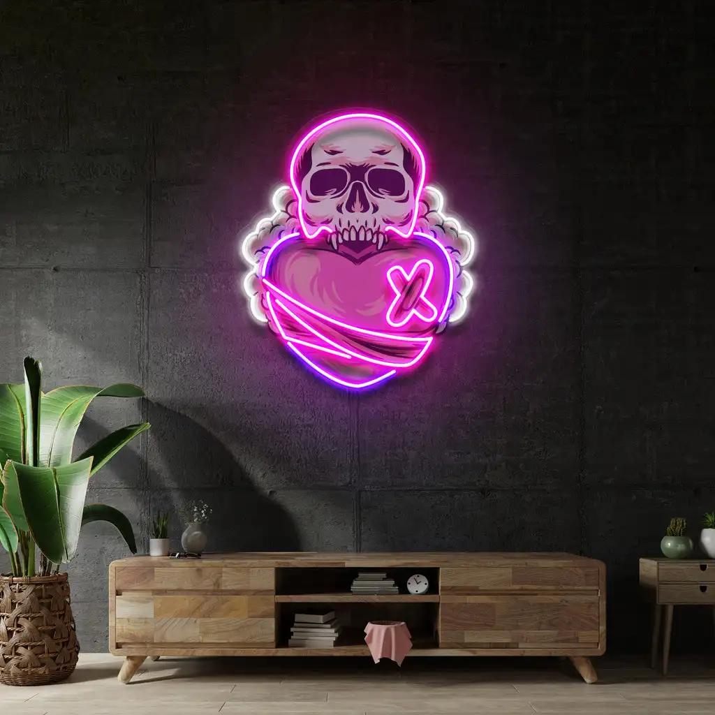 Skull Heart Neon Sign Wall Decor Wall Art Decor Game Room Bar Beer Club Pub Neon Birthday Gift for Teens Anime Skull Home Decor