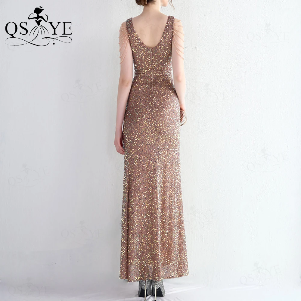 Robe de soirée Sexy pour femmes, tenue de bal, fendue, paillettes, bretelles, manches, perles, dos nu, col en V, robe élégante