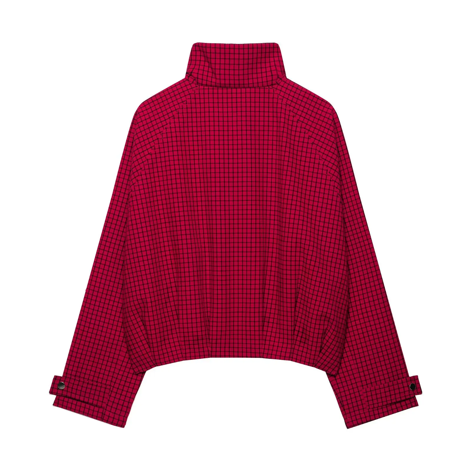 HH Damenmode, rote Jacke mit Karomuster, lange Ärmel, Stehkragen, Reißverschluss, lässiger Frühling/Herbst-Mantel, trendige High-Street-Oberbekleidung – Detail 3