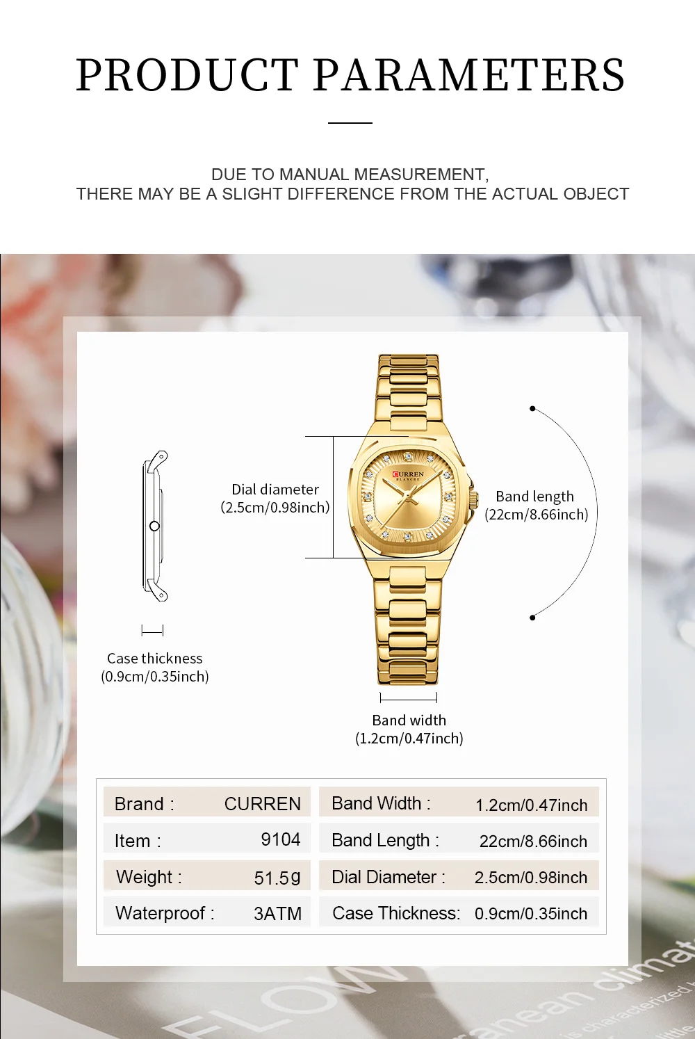 CURREN Gold Damenuhr mit Diamantakzenten, stilvollem Edelstahlband, elegantes Design, wird mit kostenloser Box geliefert – Detail 8
