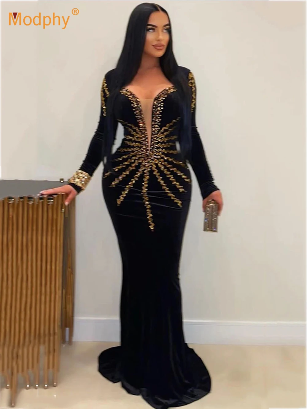 

Modphy 2024 New Women Long Sleeve Sexy Shinning Crystal Bodycon Long Bandage Maxi Dress Elegant Evening Party Dress Gowns