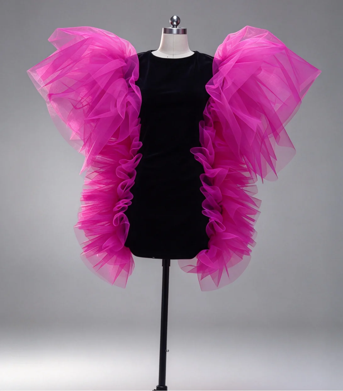 Bright Pink Ruffled Tulle Statement Shoulder Mini Velvet Dress Women Photoshoot Party Cocktail Short Black Dress