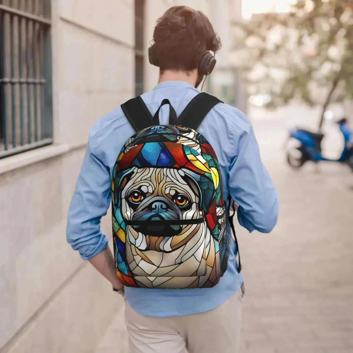 Stained Glass Art Colorful Dog Pug Dog Backpack Boys Girls BookBag Kids School Bag Laptop Shoulder Bags for Men Women
