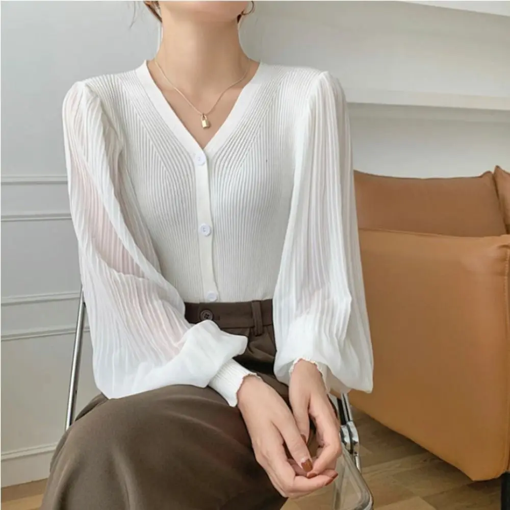 

Fashion Elegant Long Sleeved Chiffon Shirt Sweet V Neck Puff Sleeve Cardigan Blouse Thin Knitted Top Women Women