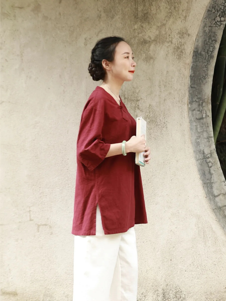 LZJN-Women's V-Neck Short Sleeve Cotton Linen Tang Jacket, Loose Art Zen Tea Dress Shirt, Summer, Monochromatic