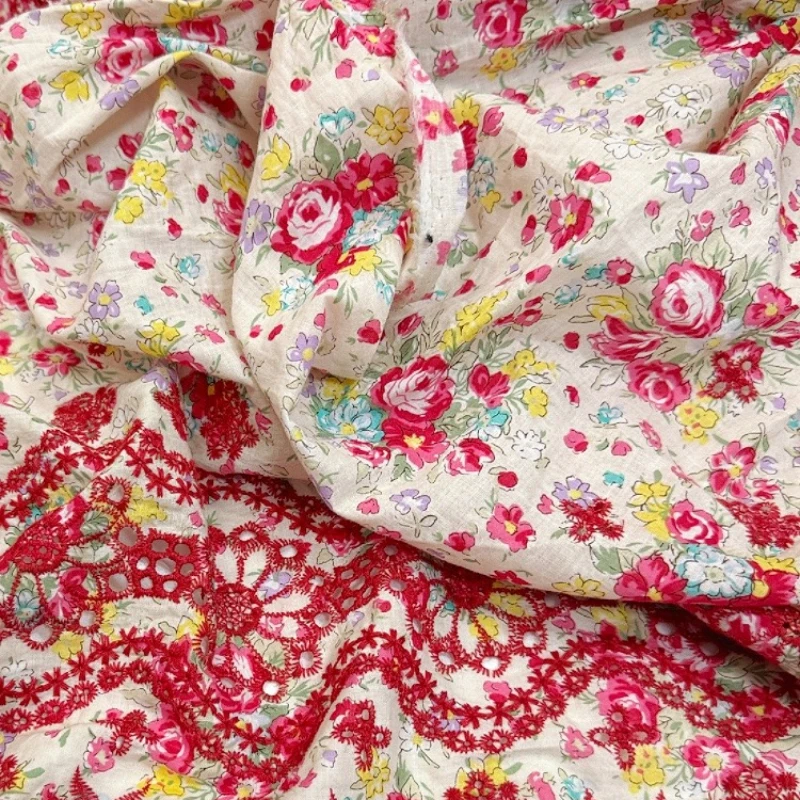 

Sweet Red Floral Embroidered Lace High Count Cotton Fabric Summer Beach Dress Womens Apparel Design DIY Craft Custom Material