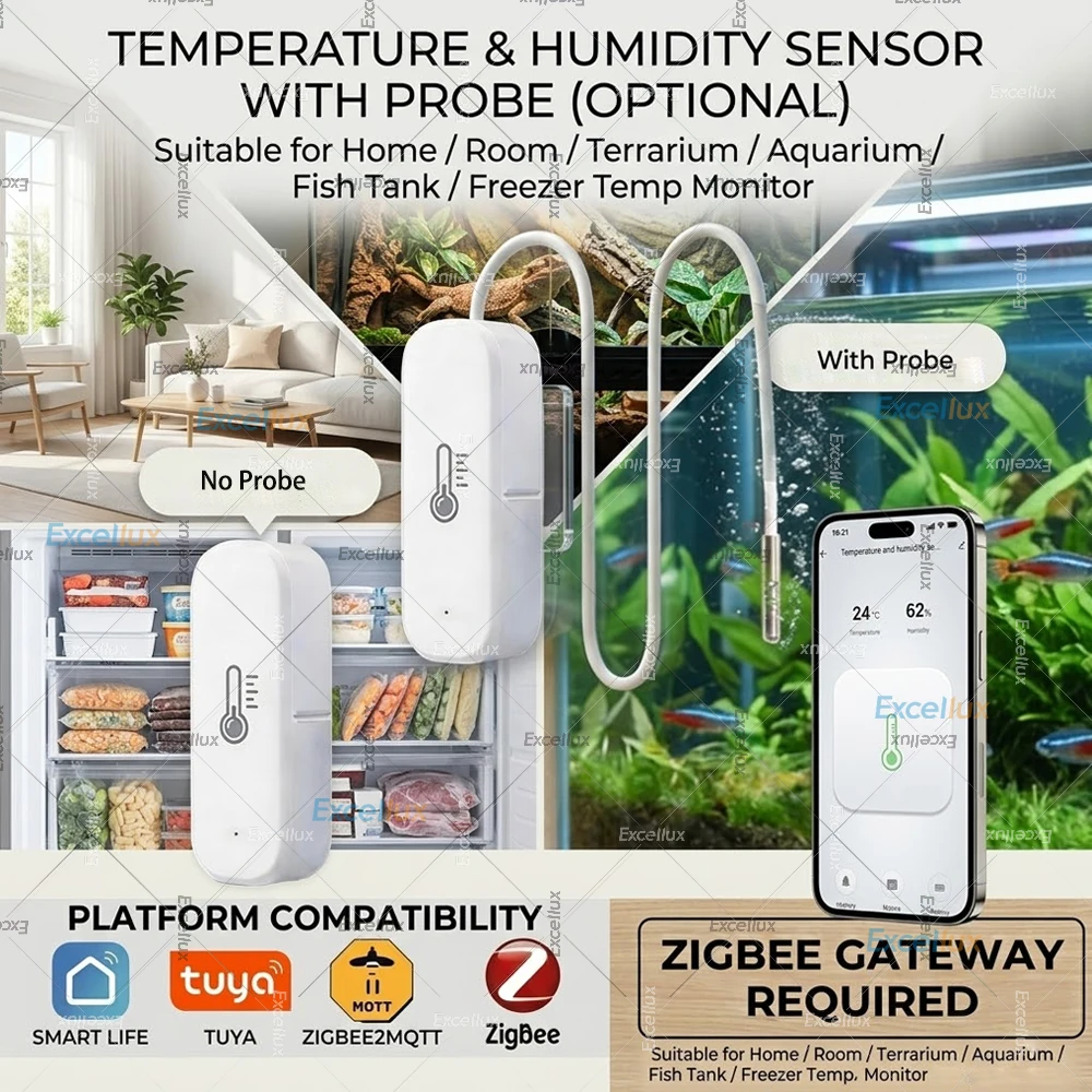 

Zigbee Smart Temperature Humidity Sensor Optional With Waterproof Probe For Tuya Zigbee2MQTT Home Assistant Aquarium Tank Fridge