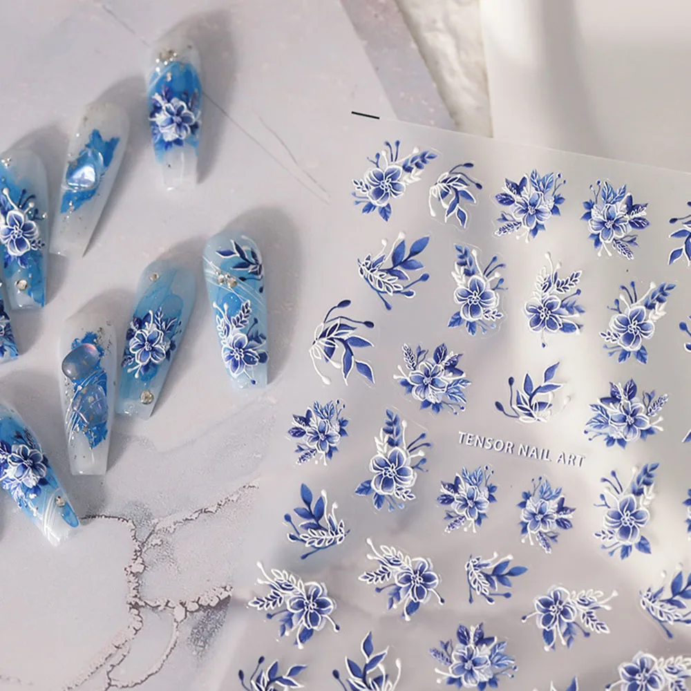 Blue Flowers Nail Stickers 5D Embossed Flower Nail Stickers Decals for Acrylic Design Blue & White Nail Art Accessories Slider