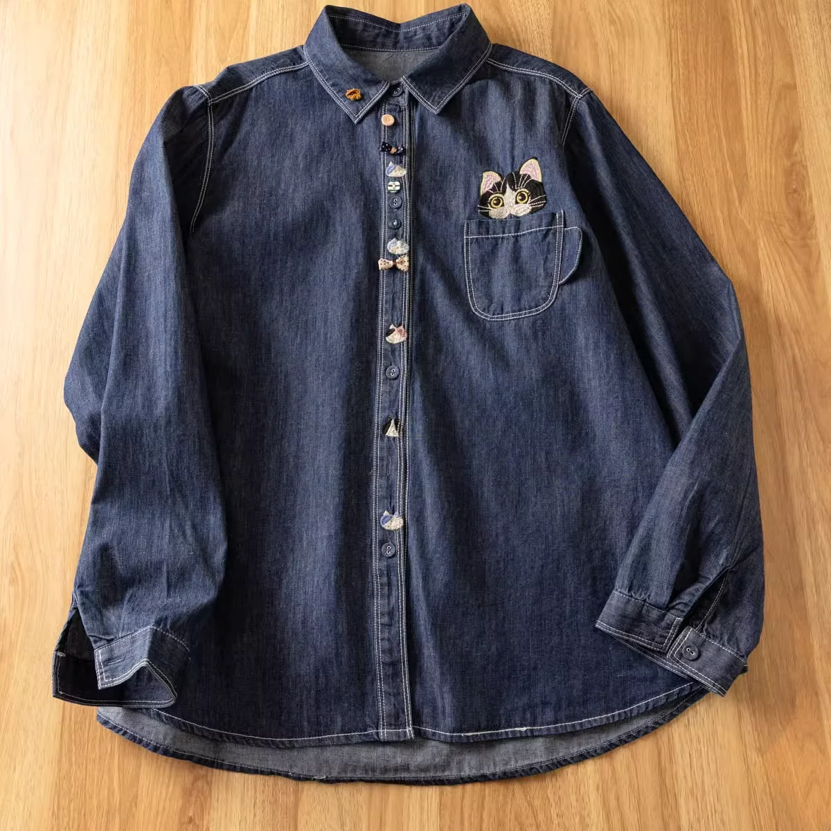 2026 Women\'s denim shirt stylish women blouse harajuku fashion cartoon bow cats kittens embroidery denim blouses