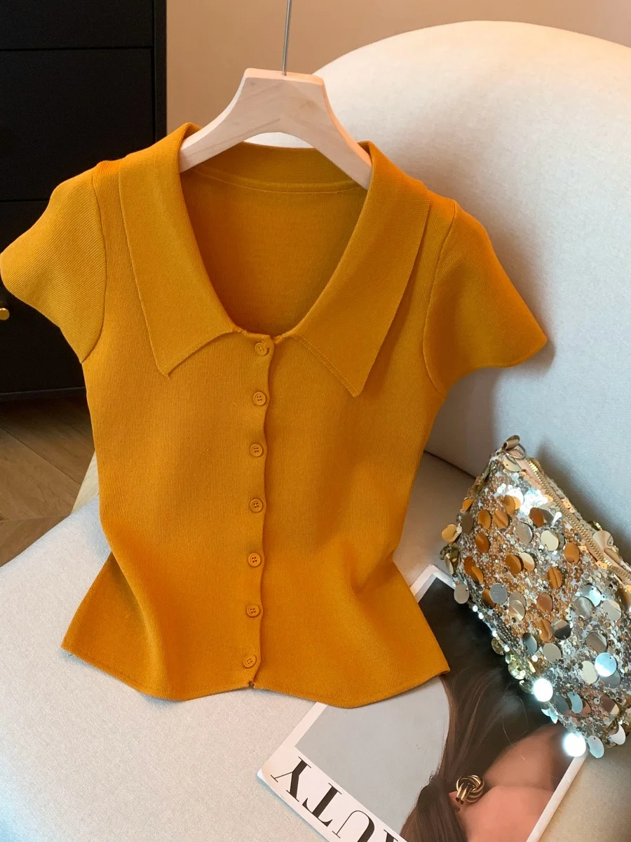 Elegant Pumpkin Knitted Short Sleeve T-Shirt Women's Unique Design Summer Unique Beauty Short Cardigan Top Korean Style Slim Fit