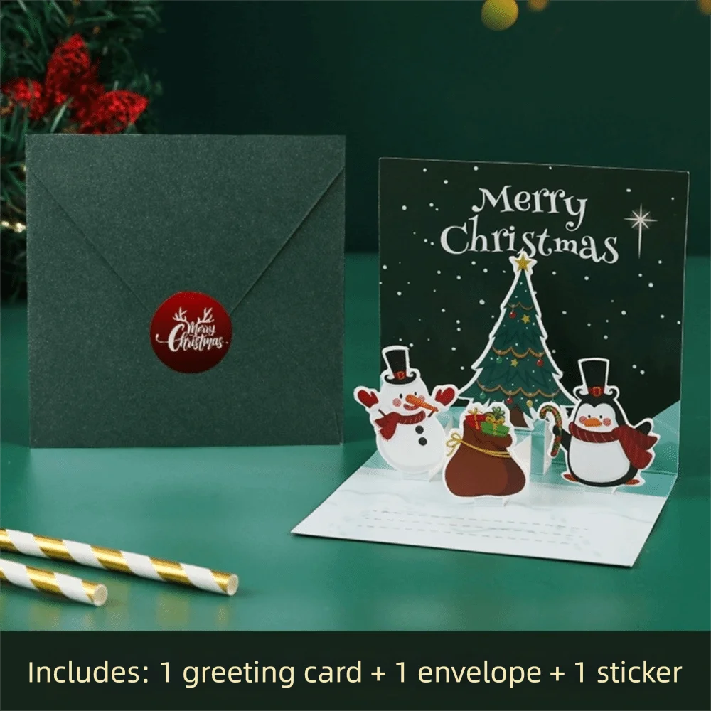 Merry Christmas 3D Xmas Greeting Cards Folding Blessing Message Christmas Card Paper Pop-up Christmas Postcard New Year Greeting