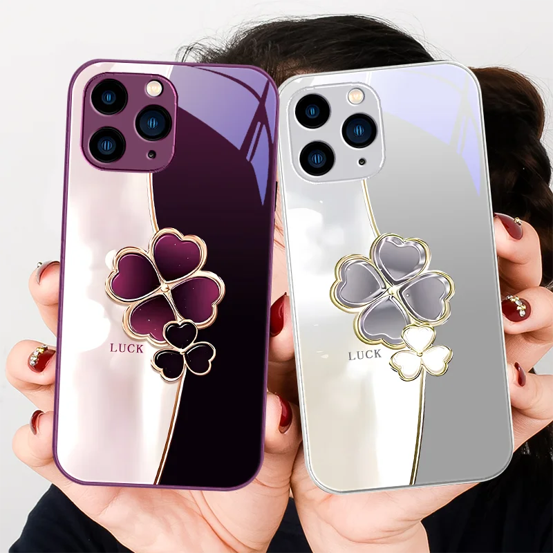 Four leaf clover deep purple grey for Iphone 15 14 13 12 11 Pro Max X XS XR 7 8 Plus 2020 2022 SE Tempered glass phone case