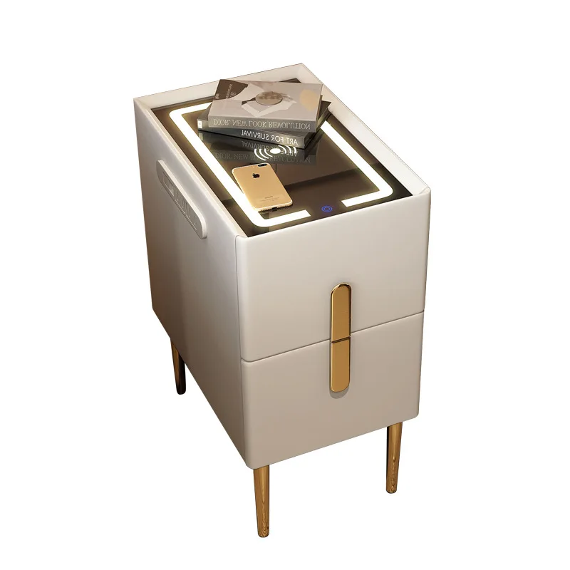 Modern Simple Leather Bedside Table with Smart Charging Function Solid Wood Storage Cabinet Luxury Nightstand for Bedroom