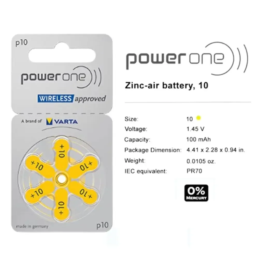 Baterias para aparelhos auditivos PowerOne P10 60 PCS 10 cartões Zinc Air 1.45V 10A 10 a10 PR48 Bateria para aparelhos auditivos