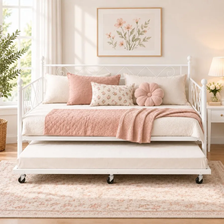 Daybed with Trundle, Heart‑Shaped Daybed with Trundle, Sturdy Metal Sofa Bed, Heavy-Duty Metal Bed Frame Support, for Living Ro view 3