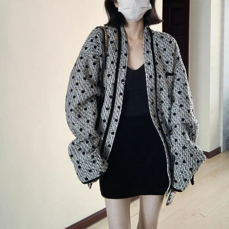 

Korean Cardigan Women Casual Gray Polka Coat Women 2024 New Autumn Loose Design Tops Mid-Length Clothes