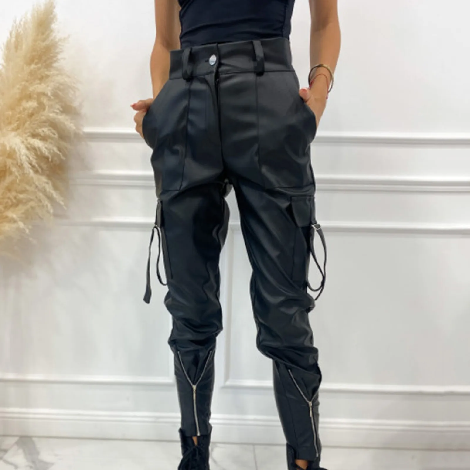 High Streetwear Autumn And Winter Punk Style Small Foot Elastic Waist Lace Up Long Pocket Leather Pants Y2k Hip Hop Joggers