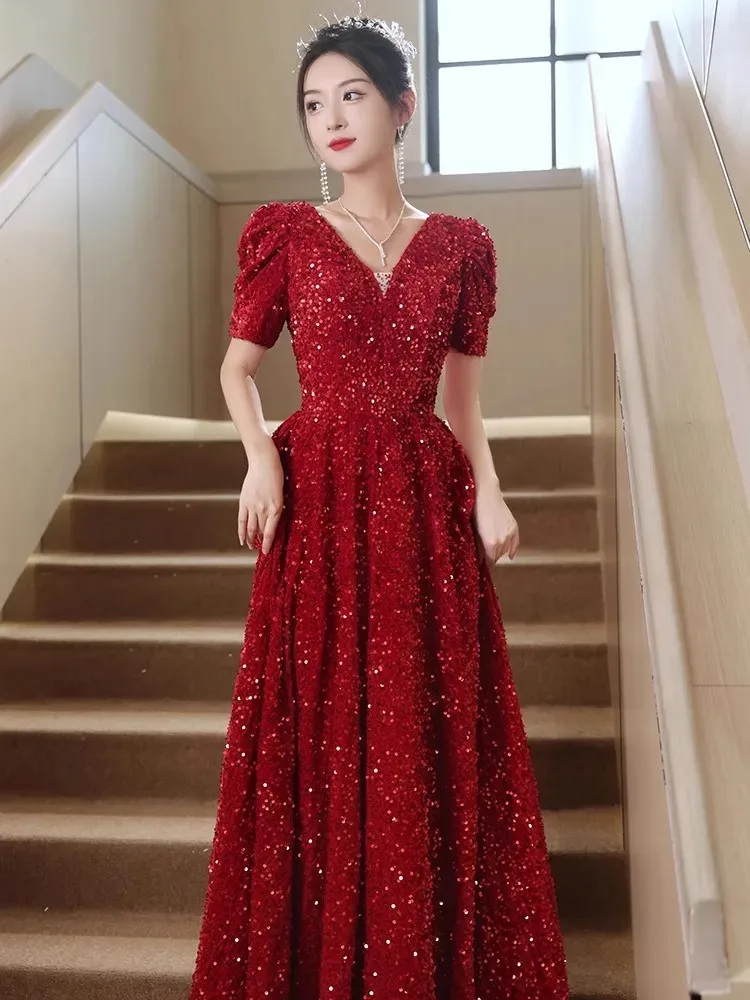 

Платье однотонное с блестками, бантом и V-образным вырезом, длинная трапециевидная юбка, элегантная женская одежда M044