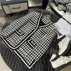 Vintage Plaid Tweed Jacket Women Houndstooth Quilted Coat Fall Winter Elegant Chic Outerwear Ladies Korean Thicken Blazer New