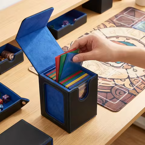 Trading Card Deck Box Holds 120+ Sleeved Cards, PU Leather Magnetic Closure Card Case with Display Window for MTG Pokemon YuGiOh