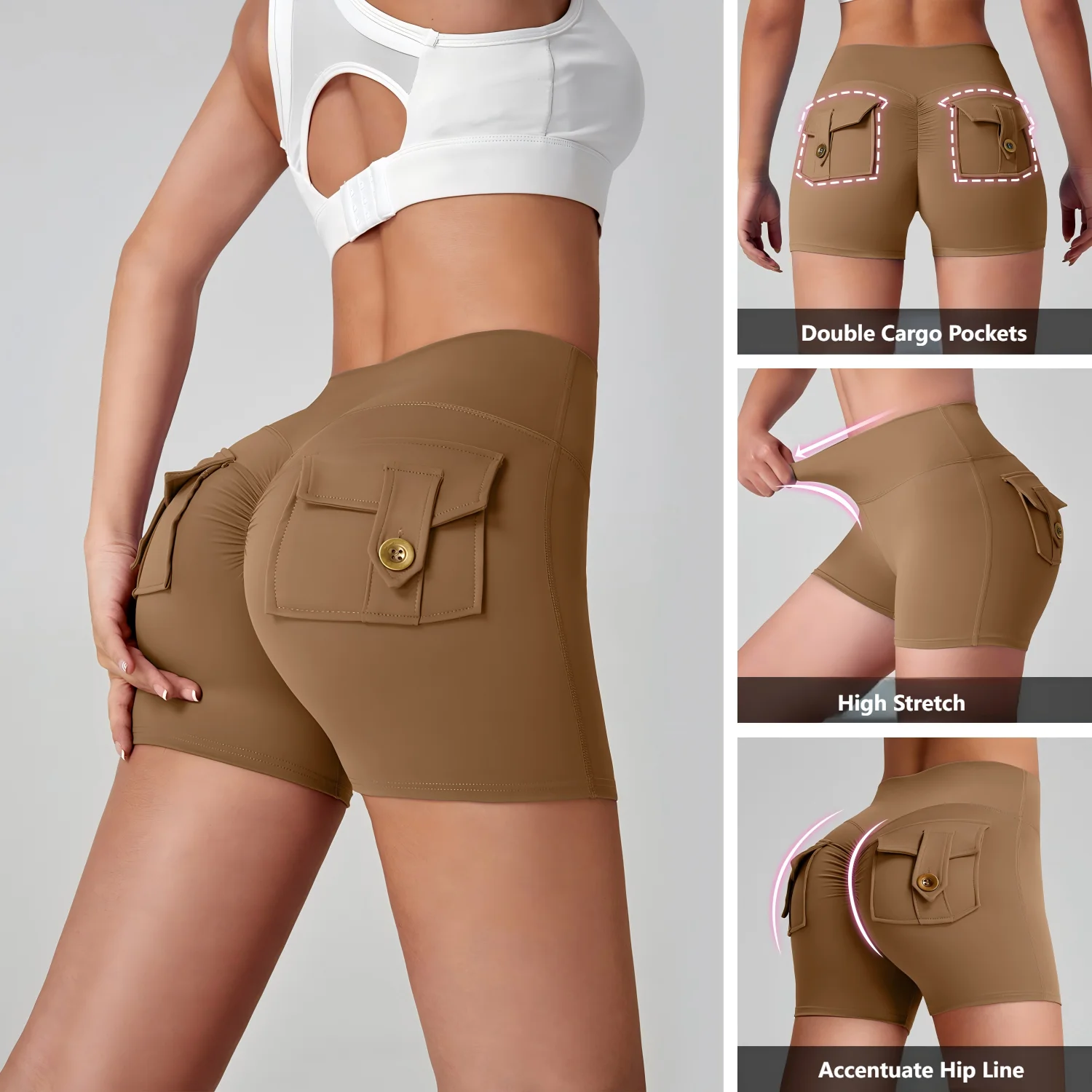 شورت يوجا بجيب شحن عالي الخصر من Euro Hottie - زر رفع الأرداف الخوخي يسمح بالتهوية وسريع الجفاف للياقة البدنية والجري بيلاتيس