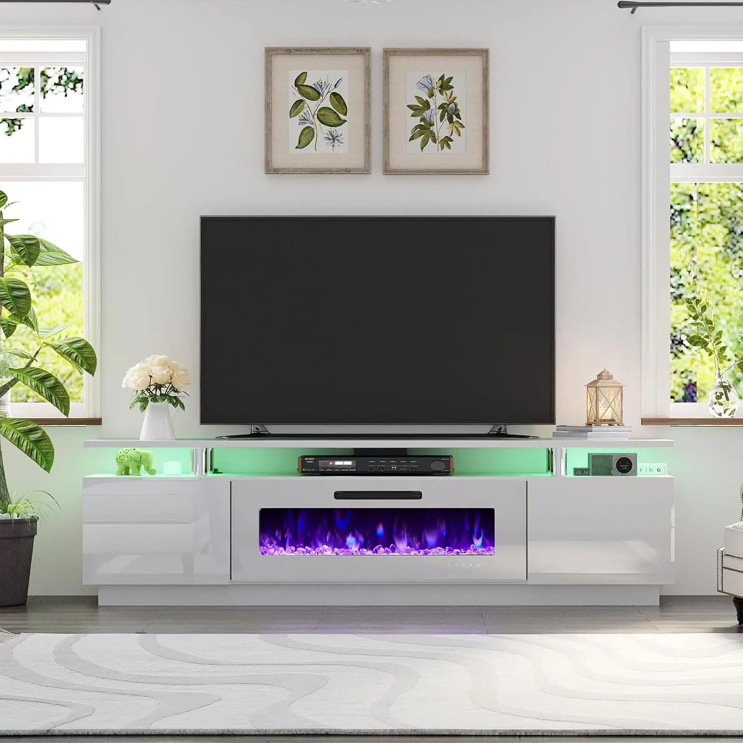 Meuble TV cheminée avec cheminée 40 ", cheminée 80", centre de divertissement moderne à haute brillance, lumières LED