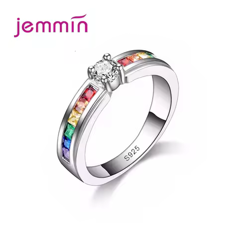 Top Sale 925 Silver Ring For Women Rainbow Colorful AAAA CZ Crystal Party Wedding Engagement Jewelry Gift Size 5 -13