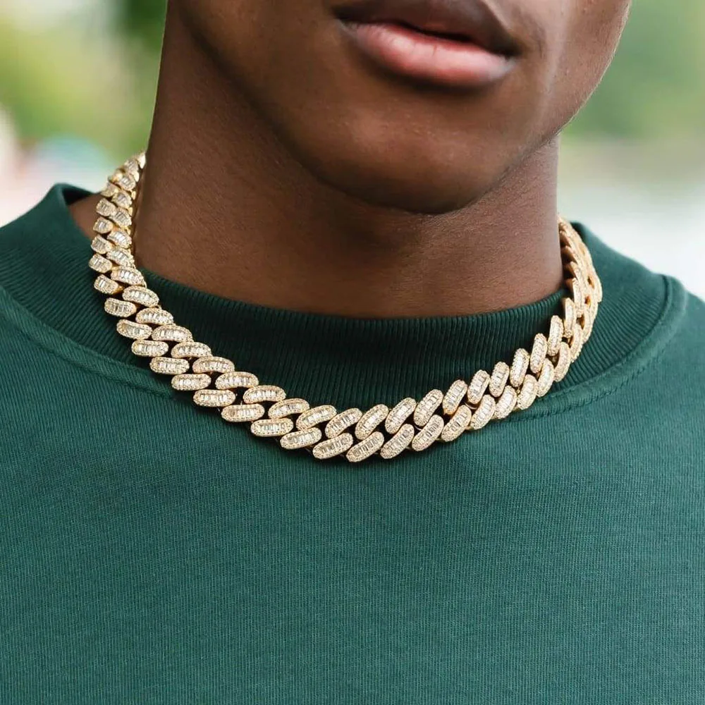 

ICENLING Luxury Hip Hop Style 15mm Cuban Necklace Bling Iced Out Baguette CZ Cuban Chain Cubic Zirconia Choker