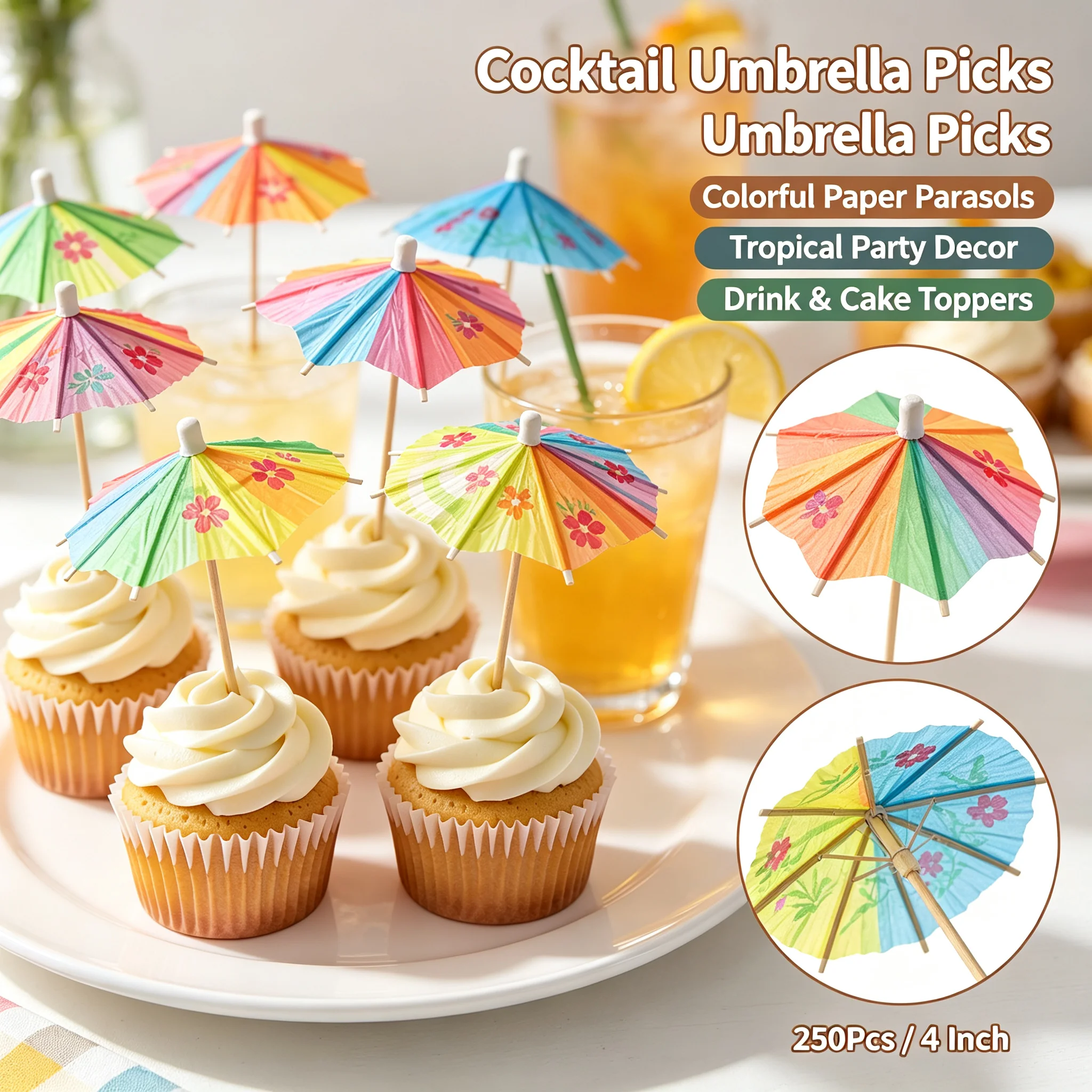 250Pcs 4 Inch Colorful Paper Cocktail Umbrellas Parasol Picks Tropical Drink Decorative Sticks for Party Beverage Garnish