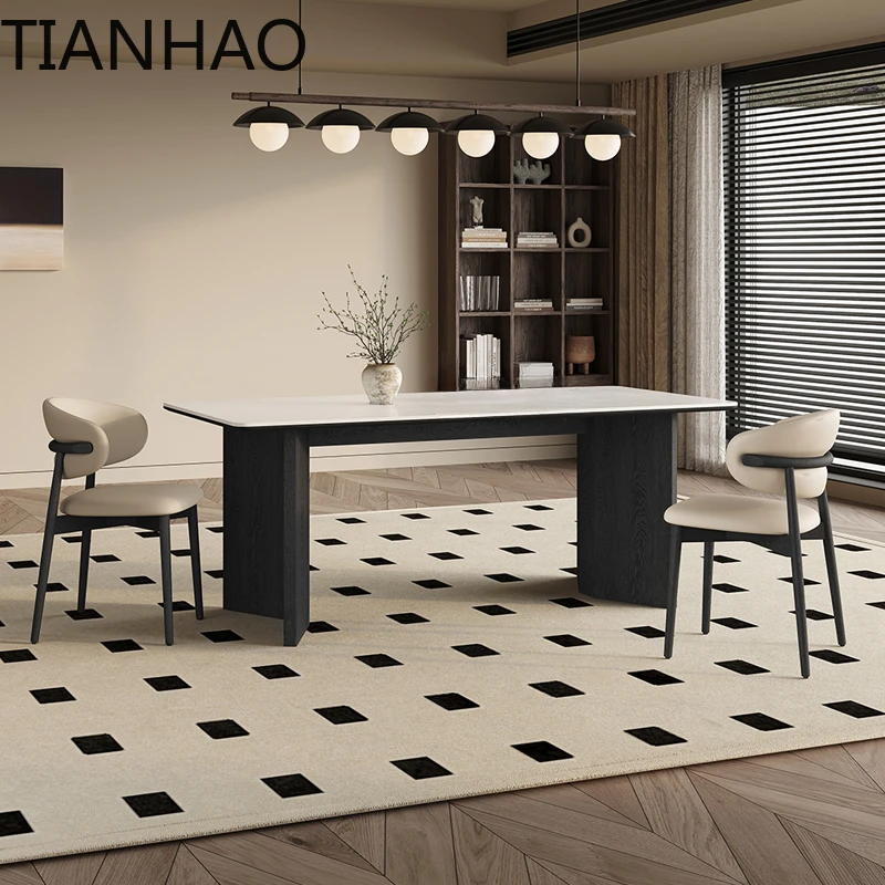 Modern White Dining Table Chair Combination Simple Household Small Rock Slab Rectangular Solid Wood Apartment Kitchen Furniture