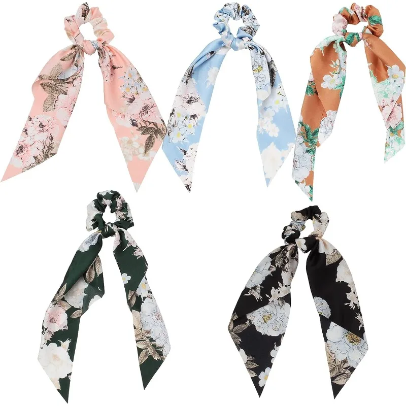 Scrunchies Haargummi Pferdeschwanz-Schal Mode Leopardenmuster Schleife Satin Langes Band Elastische Haarbänder Haaraccessoires 5 Stück Damen Mädchen