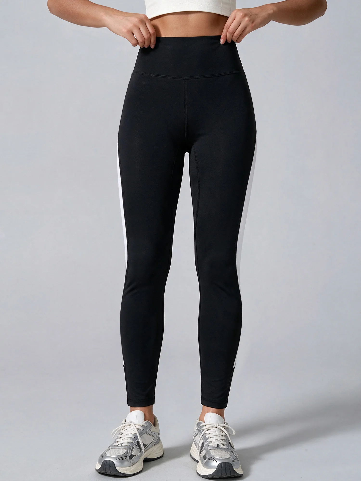 Ladies Black Slim Fit Skinny Trousers With Side Curve White Panel High Elastic Daily Streetwear Pants