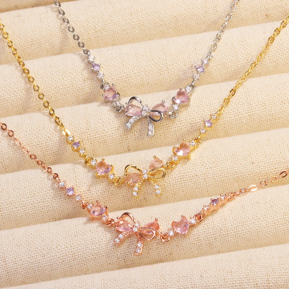 Y2K Exquisite Sweet Pink Zircon Bowknot Love Heart Chain Necklace For Women Girls Party Birthday Jewelry Gift