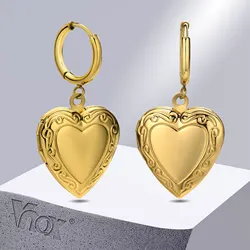 Vnox Trendy Heart Locket Earrings for Women, Gold Color Stainless Steel Metal Love Dangle Earrings Keepsake Gift Jewelry