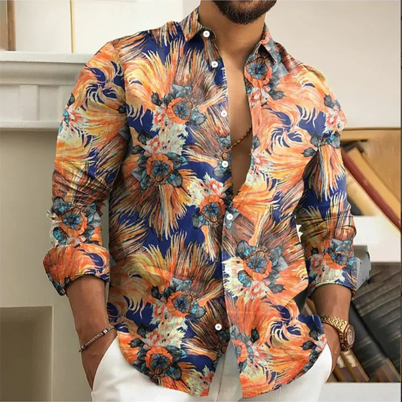 

Men's New Retro Colorful Colors Long Sleeve Shirt Street 3D Flower Printed Wolf Pattern Casual Spring Autumn Fashion Brand Top