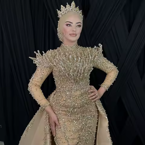 Saudi Arabia Long Sleeve Evening Dress Customized Full Pearls Beaded Engagement Dress Vestidos De C&oacute;ctel Cocktail Party Gowns