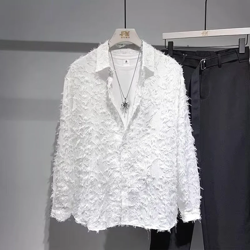 

Мужская свободная рубашка с длинным рукавом, с перьями и бахромой, модная, молодежная, однотонная, универсальная, сезонная