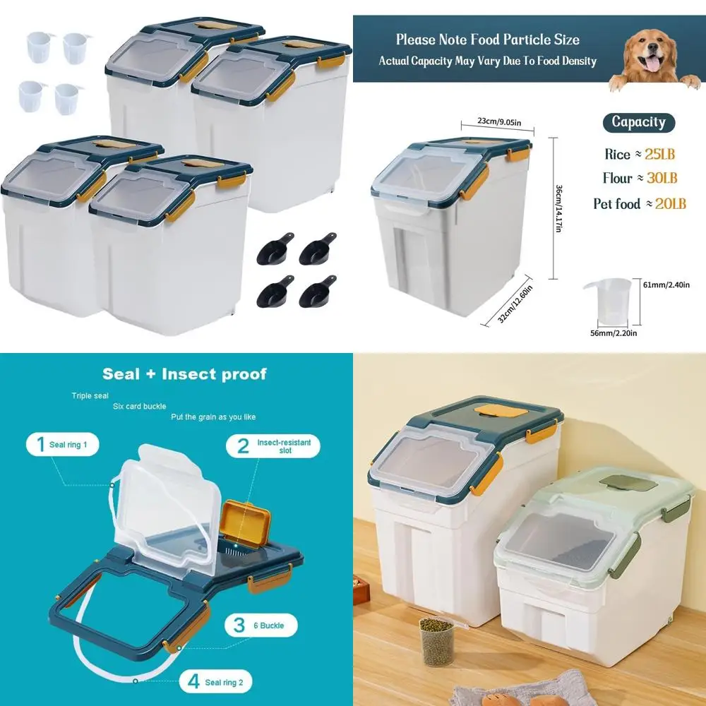 

Герметичный набор контейнеров для хранения муки объемом 25 фунтов, 4 упаковки с колесами, запирающейся крышкой, без BPA, в комплект входит мерный стаканчик и совок для риса, зерна.
