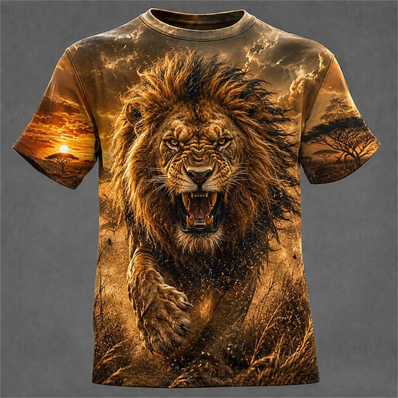 New Men's Short-Sleeve T-Shirt with Fierce Lion Print Trendy Streetwear Top Fashionable and Casual Relaxed Fit Men's T-Shirt