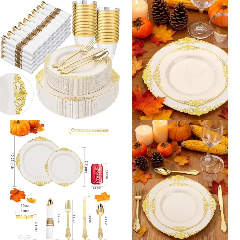 

Набор одноразовой столовой посуды цвета слоновой кости и золота на 50 человек — 100 тарелок, 50 предварительно скрученных, пластиковые тарелки премиум-класса