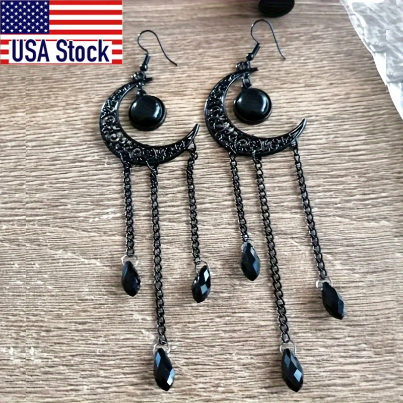 

1Pair Halloween Ear Jewelry Carved Golden Moon Chain Tassel Design Dangle Earrings Goth Style Female Gift